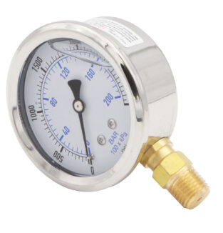 Gauge: 2-1/2" Dial, Liquid Filled, 1/4" Bottom Stem, 0-3000PSI
